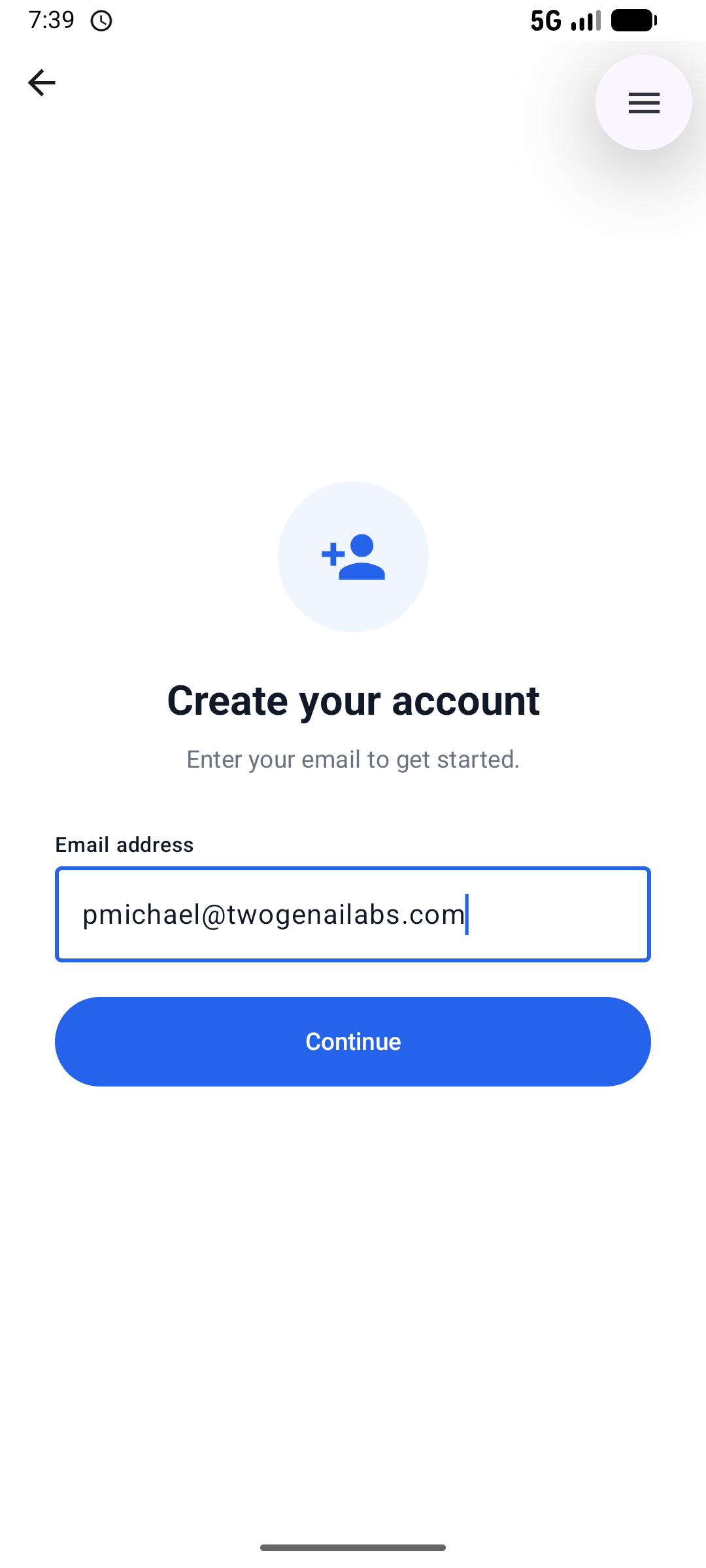 Create your account screen asking for an email address