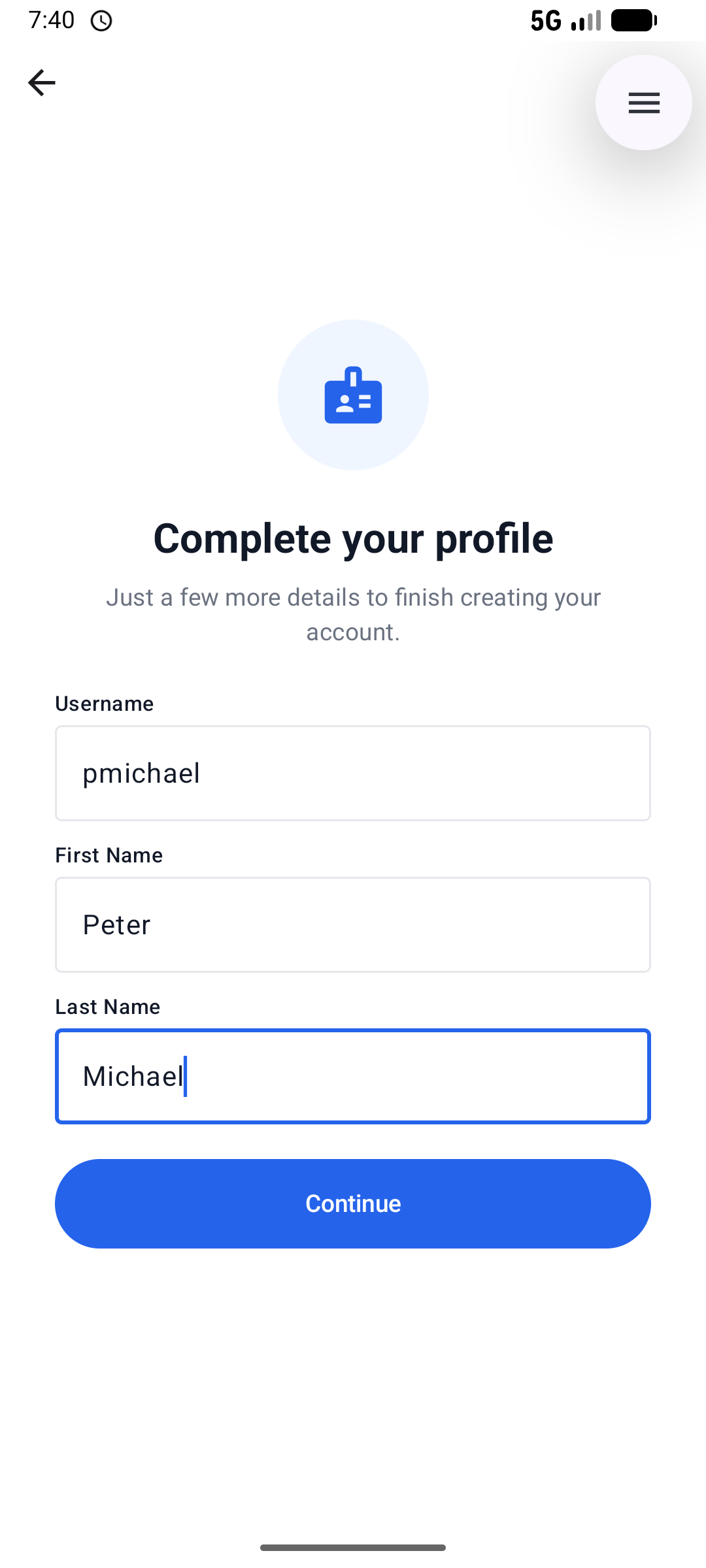 Complete your profile screen with username, first name, and last name