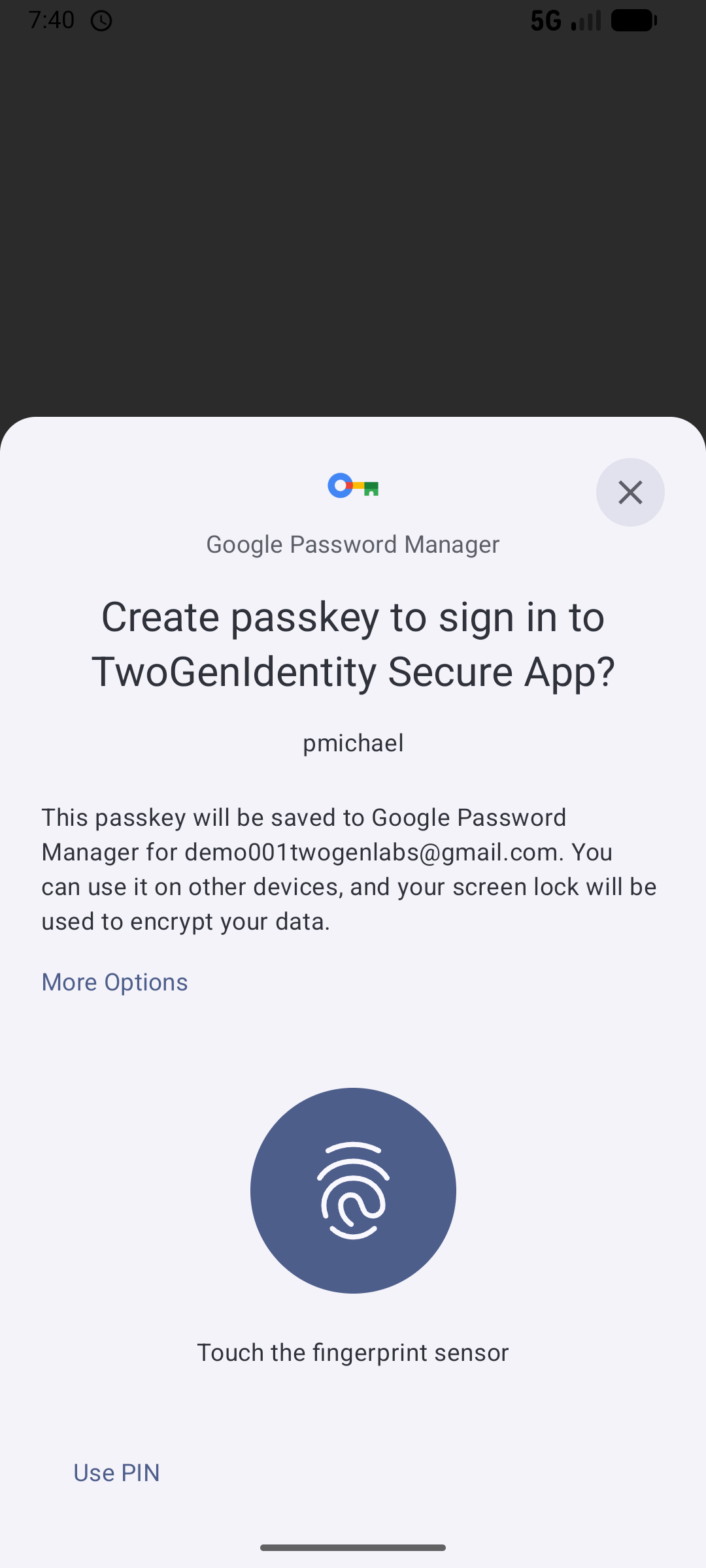 Device prompt to confirm passkey creation with a fingerprint