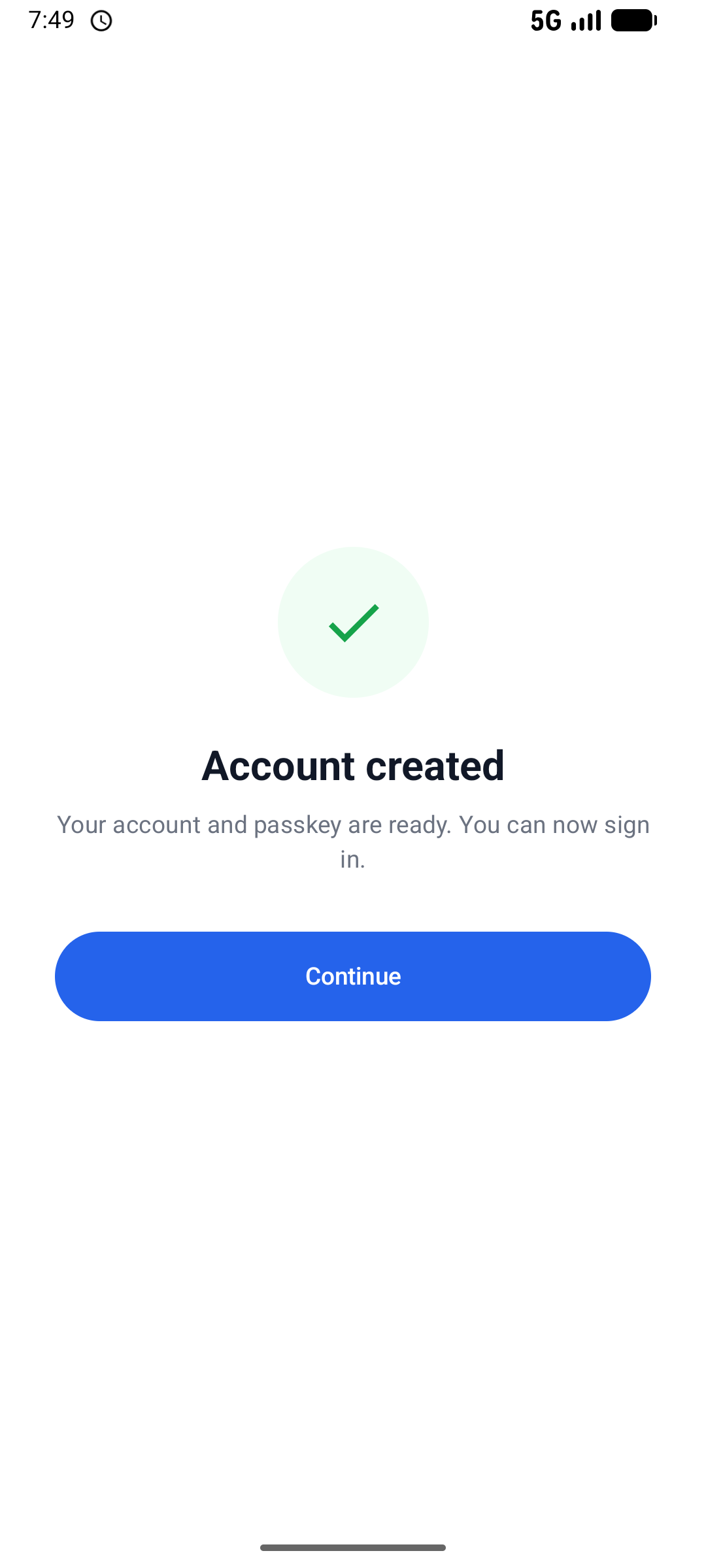 Account created confirmation screen