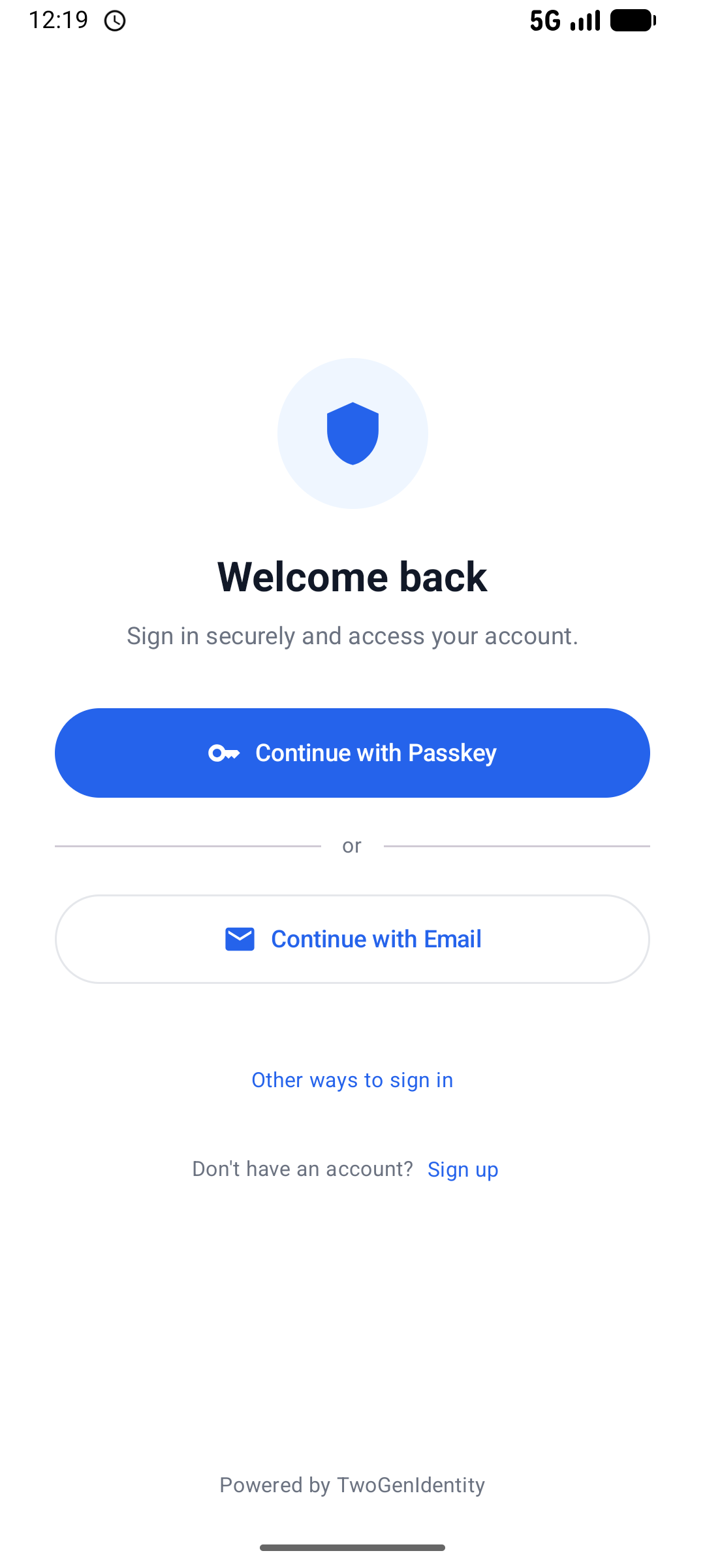 Native app sign-in screen with Continue with Passkey