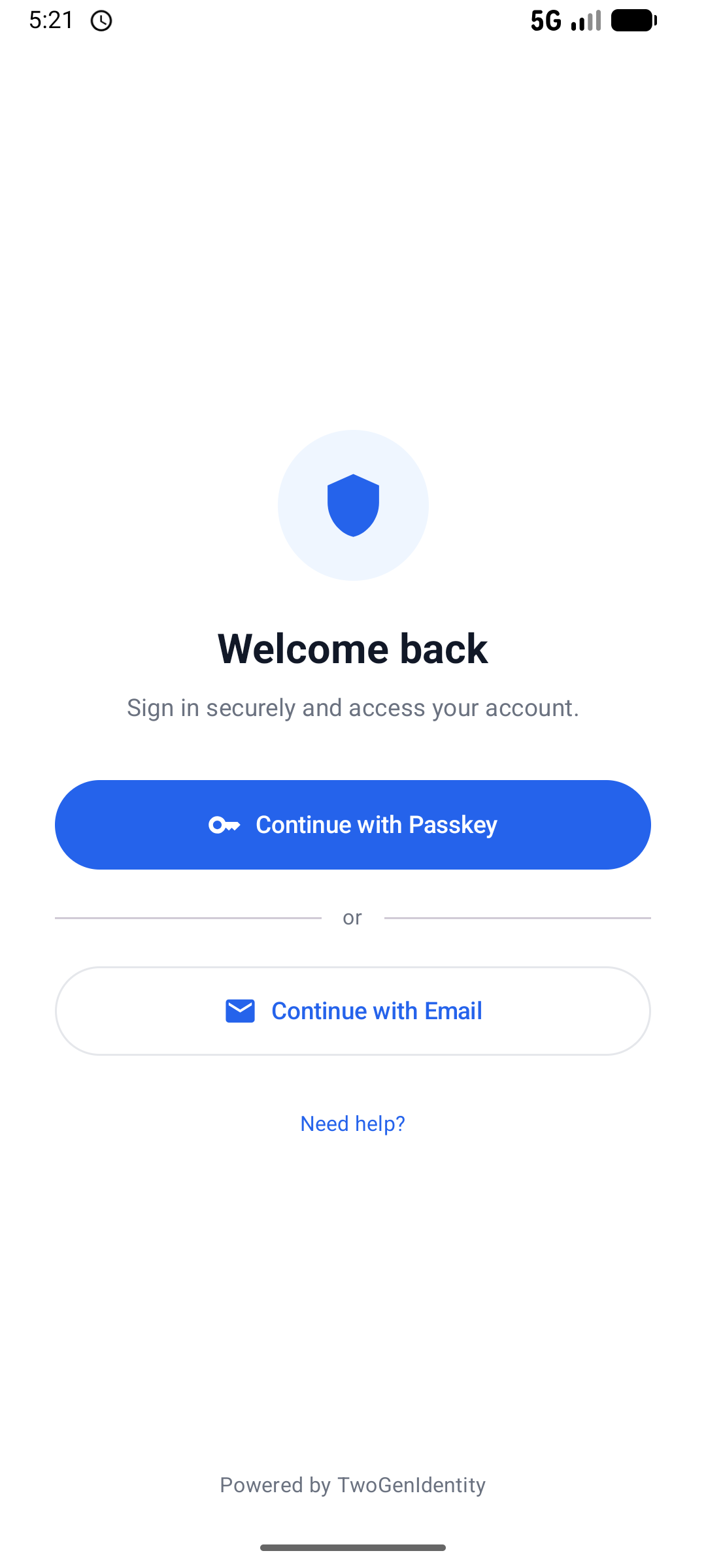 App login screen with a Continue with Passkey button