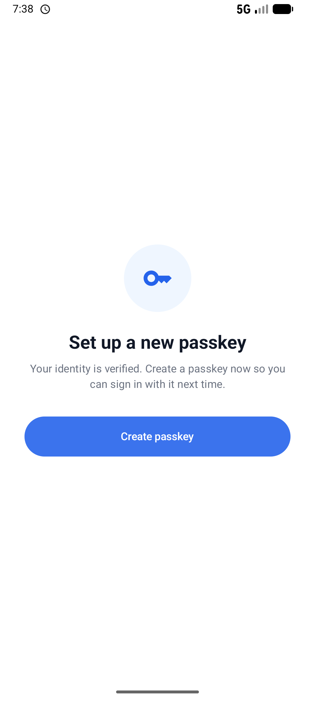 Set up a new passkey screen after the user's identity is verified