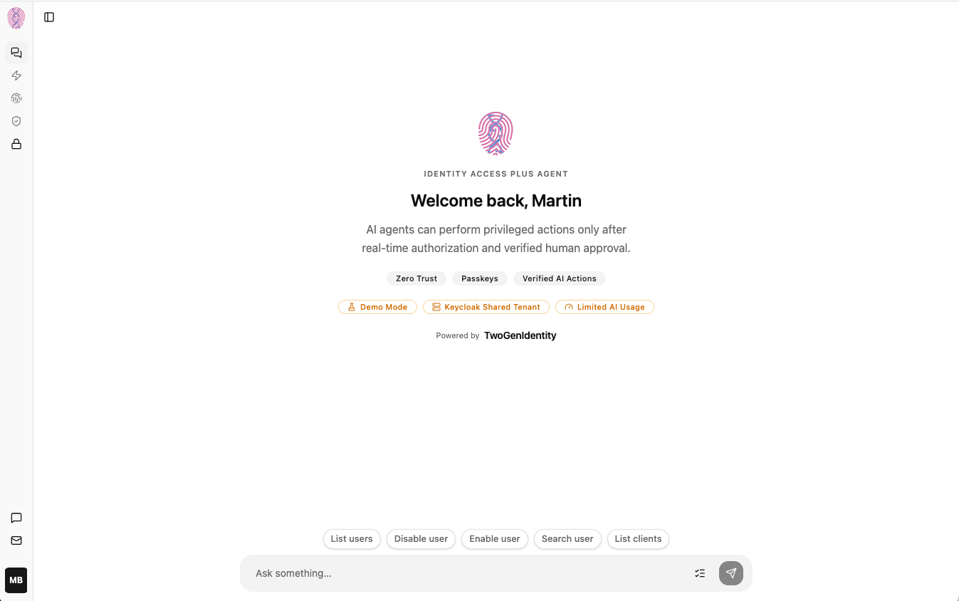 Zero Trust for AI Agents demo: Identity Access Plus Agent welcome screen with verified AI actions